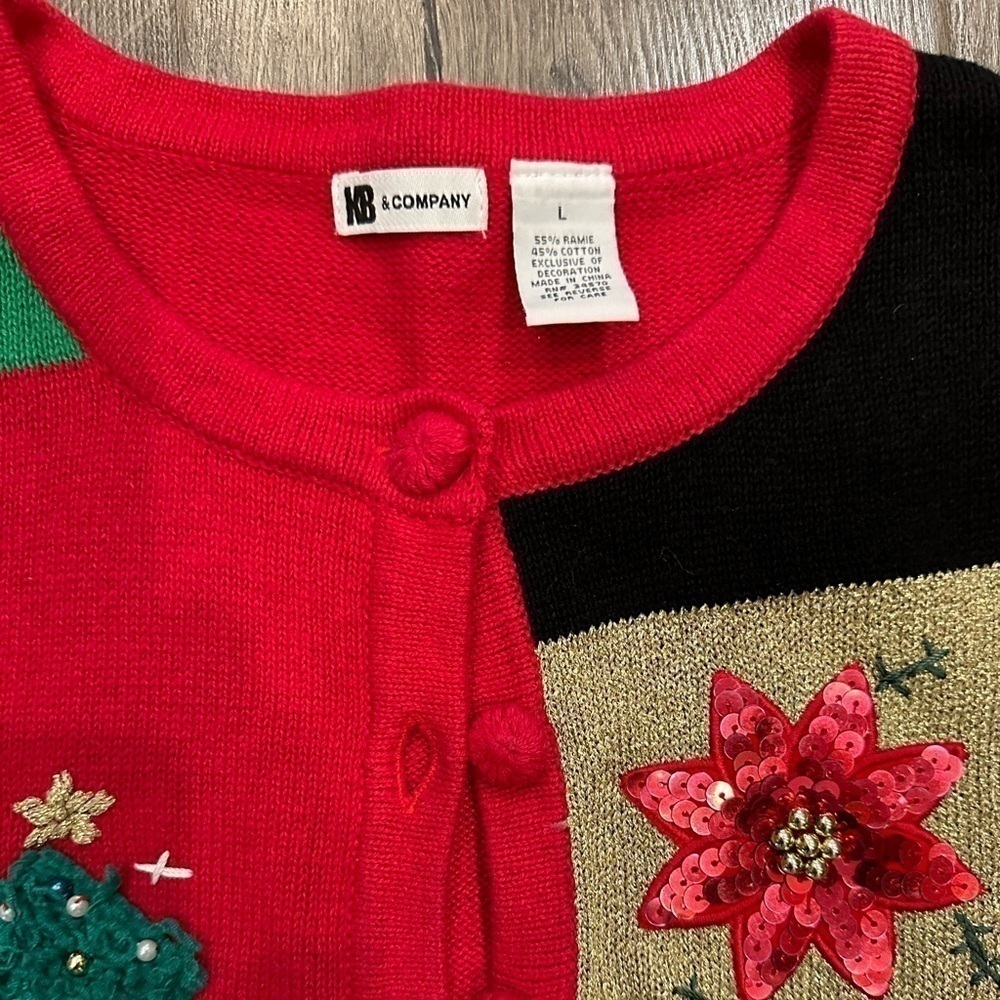 KB Womens Large Cardigan Ugly Sweater Christmas Tree Nutcracker Poinsettia VTG - Picture 4 of 9